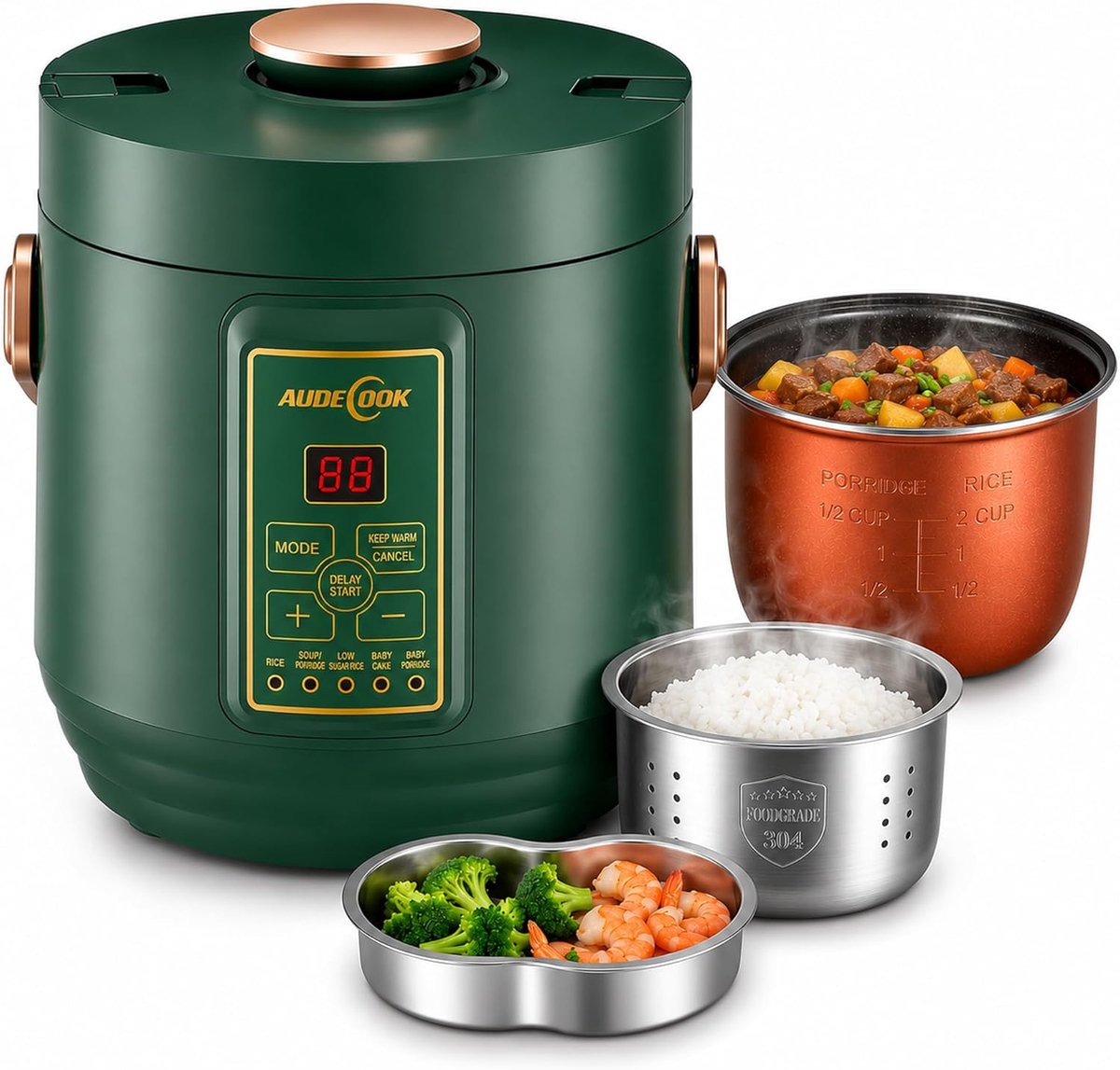 Rice Cooker Mini Elektrische rijstkoker, 1,2 l met Low Sugar-functie en stoompan voor 1-2 personen, 5 multicooker-programma's, Rice Cooker Mini met warmhoudfunctie, timer (groen)