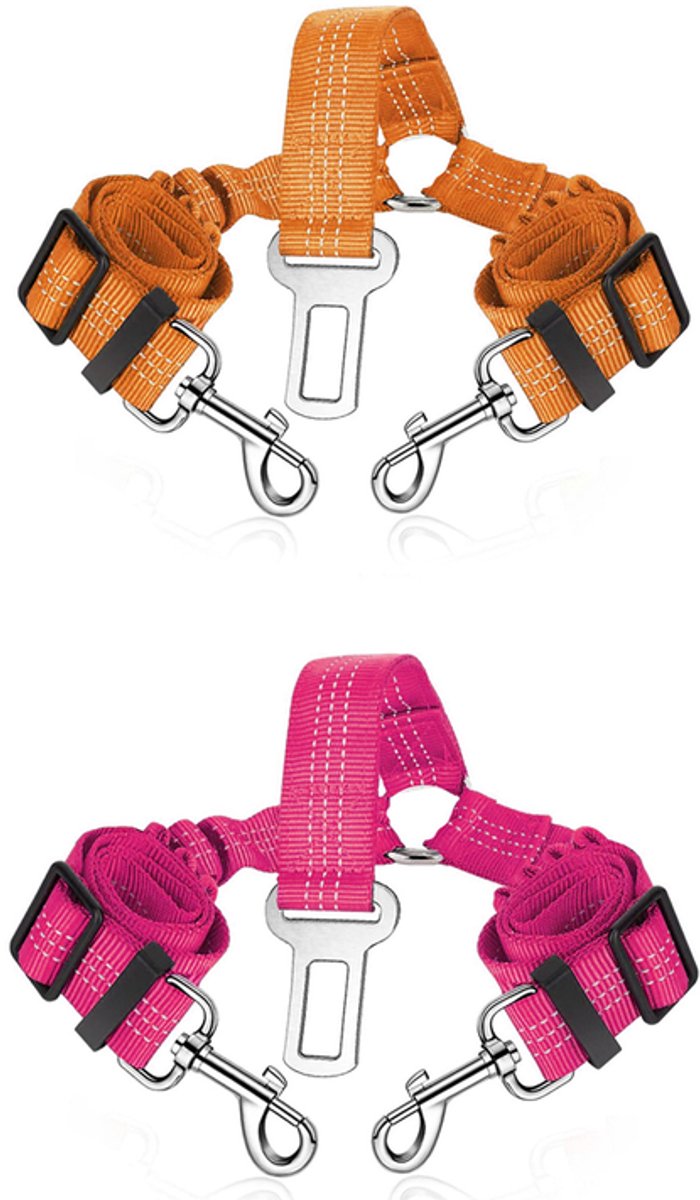 Set van 2 Dual-Dog autogordels – Verstelbare autogordel voor twee huisdieren, voorzien van een elastische riem en reflecterende strips, met een knoopvrij ontwerp met vertakking;Rozeroze+oranje