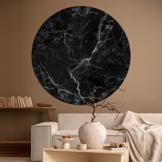 WallCircle - Stickers muraux - Cercle de papier peint - Marbre - Zwart - Wit - Texture - Aspect marbre - 120x120 cm - Cercle mural - Autocollant - Sticker papier peint rond XXL