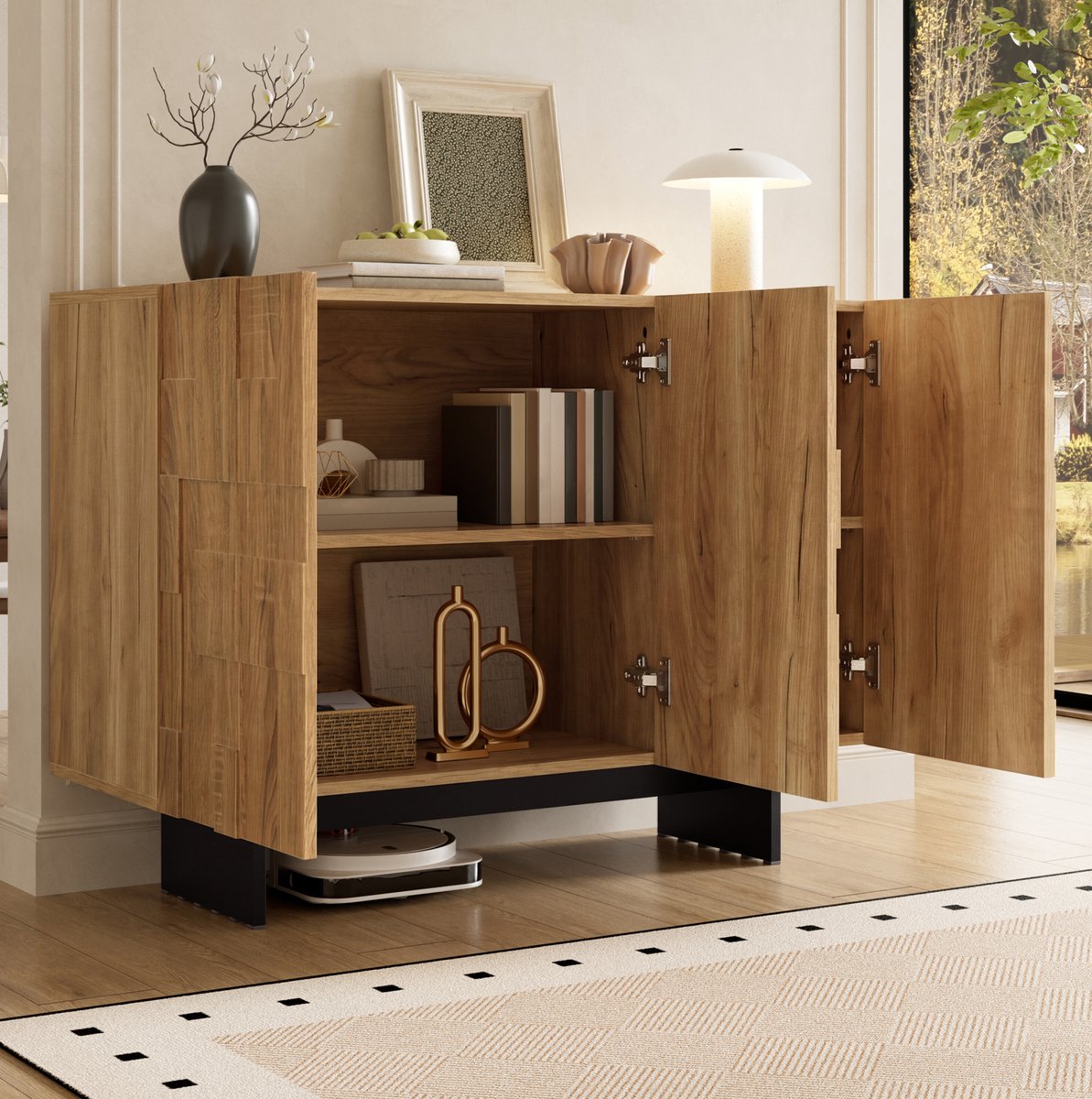 STILVORA Dressoir - Geometrische Front Met 3 Deuren - Voor Woonkamer Hal Of Keuken - MDF En Bamboe - 105x33,5x76 Cm - Natuurlijk;Zwart
