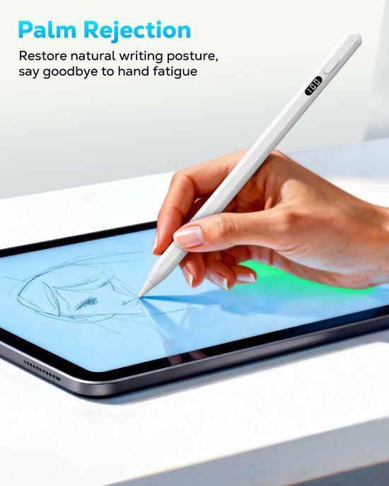 Dailygoods - MoKo Stylus Pen for iPad 2018-2026, USB-C Fast Charging Pencil with LED Power Display Tilt Sensitivity for Apple iPad A16/11/10/9/8/7/6, Air 7/6/5/4/3/M3/M2, Pro 13"/12.9"/11"/M4, Mini 7/6/5, White — afbeelding 4