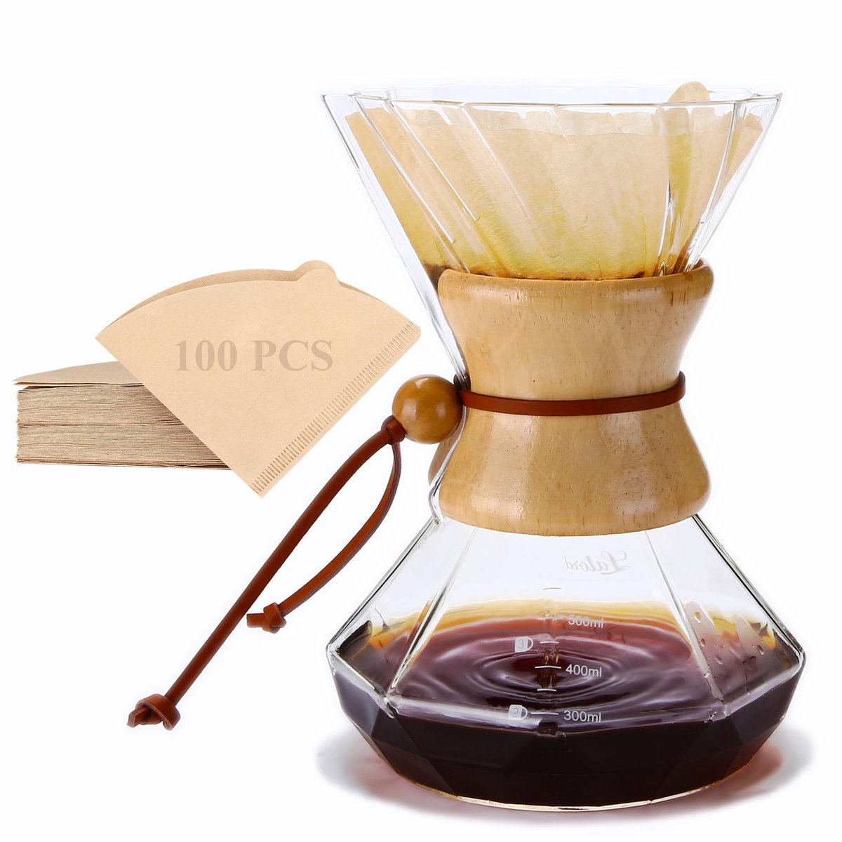 Dailygoods- Koffiezetapparaat met roestvrijstalen filter - Borosilicaatglas Koffiekaraf - Moderne Houten Kraag - 600 ml Inhoud - Pour Over Set - Koffiekaraff