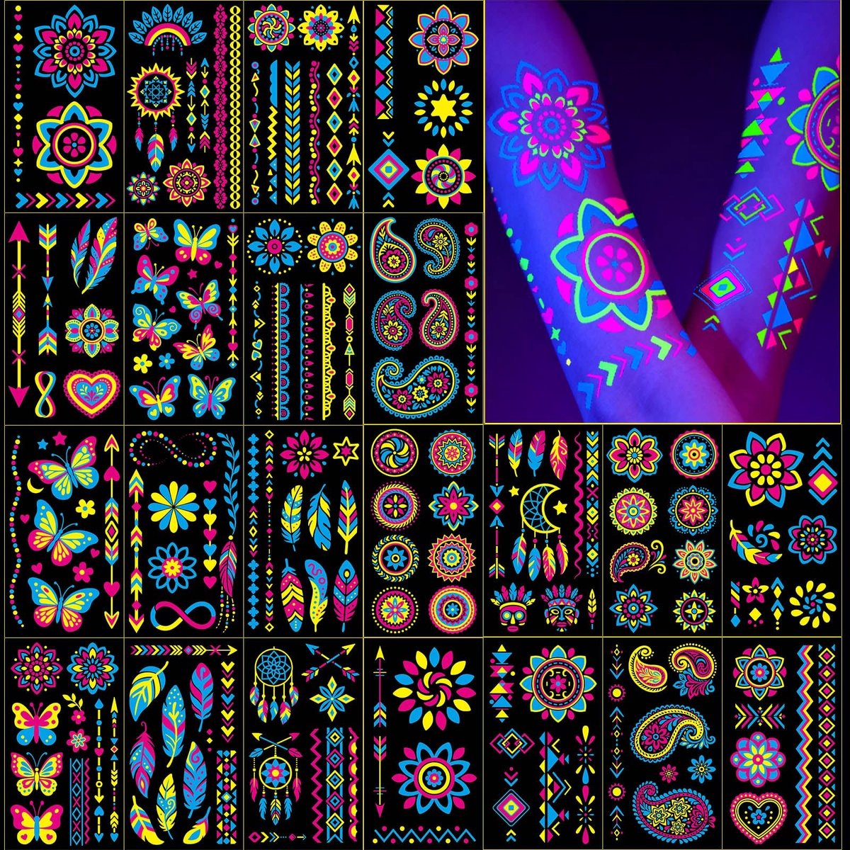 Dailygoods- Tijdelijke Tatoeages UV-Blacklight Effect - 192+ Stuks - Neonlichtkleuren - Boho-Bloemen/Vlinders - Festivals/Feestjes - Eenvoudig Toepasbaar - Neontatoeages