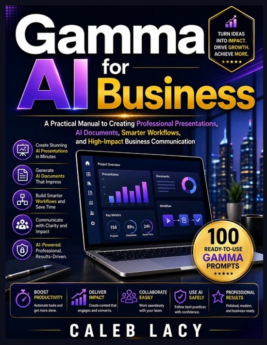 Boekomslag 'Gamma AI for Business' met laptop waarop een AI-dashboard staat en 100 kant-en-klare prompts.