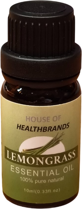 Flesje lemongrass etherische olie van 10 ml met groen label met afbeelding van gras.