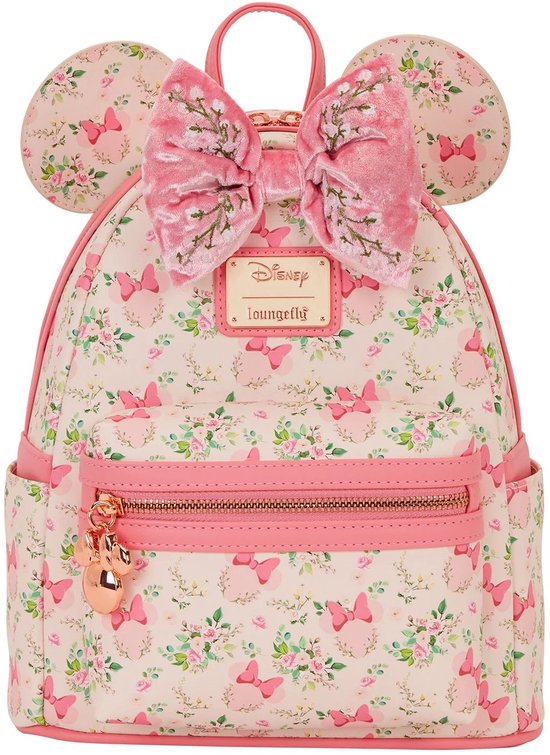 Lichtroze rugzak met bloemenprint en strikken, Minnie Mouse oren en een grote strik bovenop.