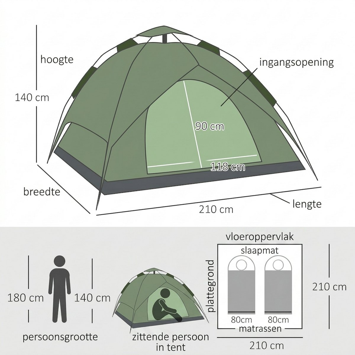 Kampeertent - Pop Up Camping Tent - Kampeertent voor 2 Personen - Met 1 transporttas - Waterdicht en Ventilerend Muggengaas - UV bescherming - Groen – foto 2