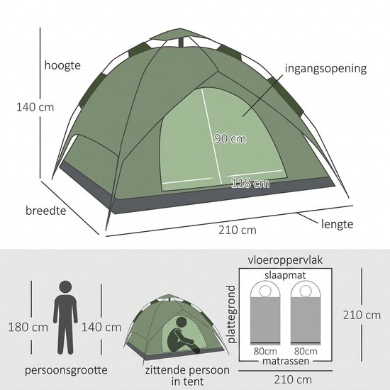 Kampeertent - Pop Up Camping Tent - Kampeertent voor 2 Personen - Met 1 transporttas - Waterdicht en Ventilerend Muggengaas - UV bescherming - Groen — afbeelding 4