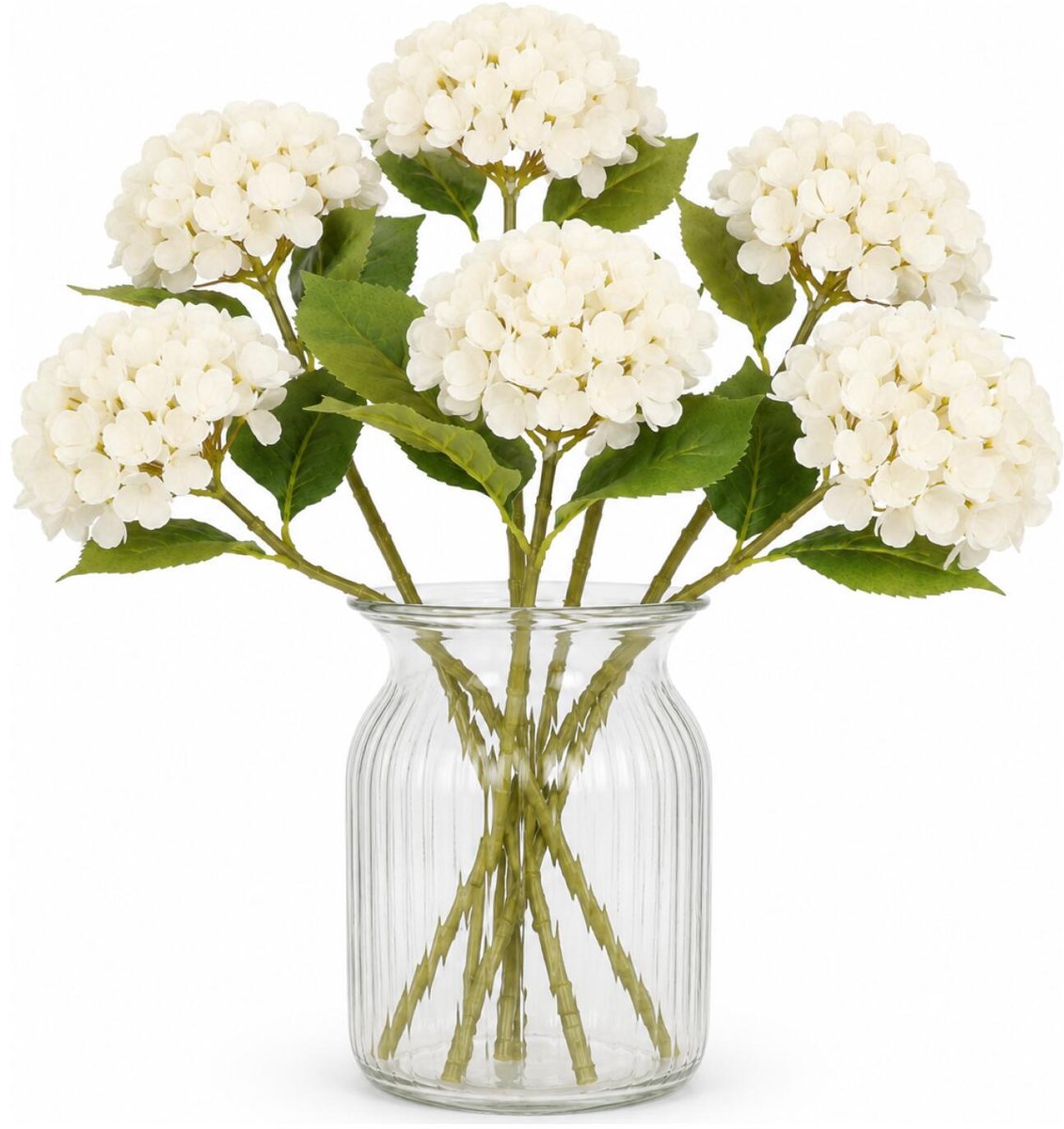 Bellatio Design Kunstbloem Hortensia tak - 6x - creme wit - 48 cm - losse steel - Kunst zijdebloemen - hydrangea