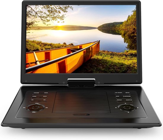 Zwarte draagbare dvd-speler met een 17,9-inch scherm met een afbeelding van een roeiboot op een meer bij zonsondergang.
