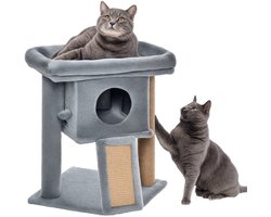 Kratboom met kattenhuisje en pluche bed, jute krabmat en bal, grijs