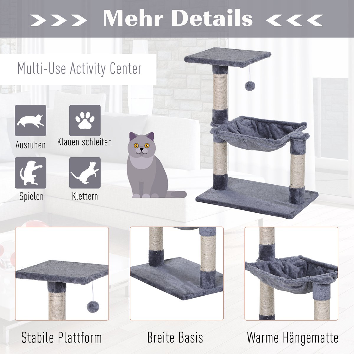 Kattenboom 70 cm Kleine kattenboom met pluche bal, sisalpaal, groot platform, hangmat, krabpaal, klimboom, voor kleine katten, grijs – foto 6