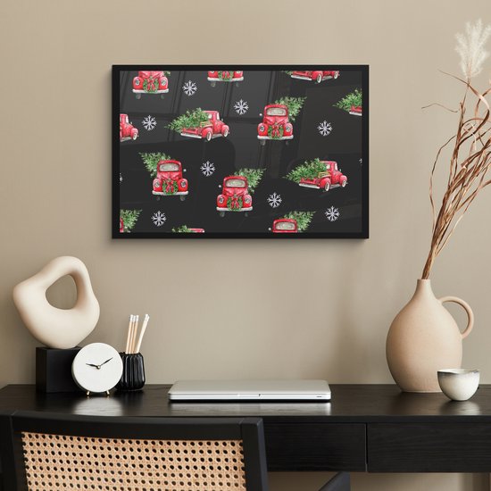 Cadre photo avec affiche - Noël - Motif - Voiture - 60x40 cm - Cadre pour affiche - Décorations de Noël - Décoration de Noël pour l'intérieur - Noël