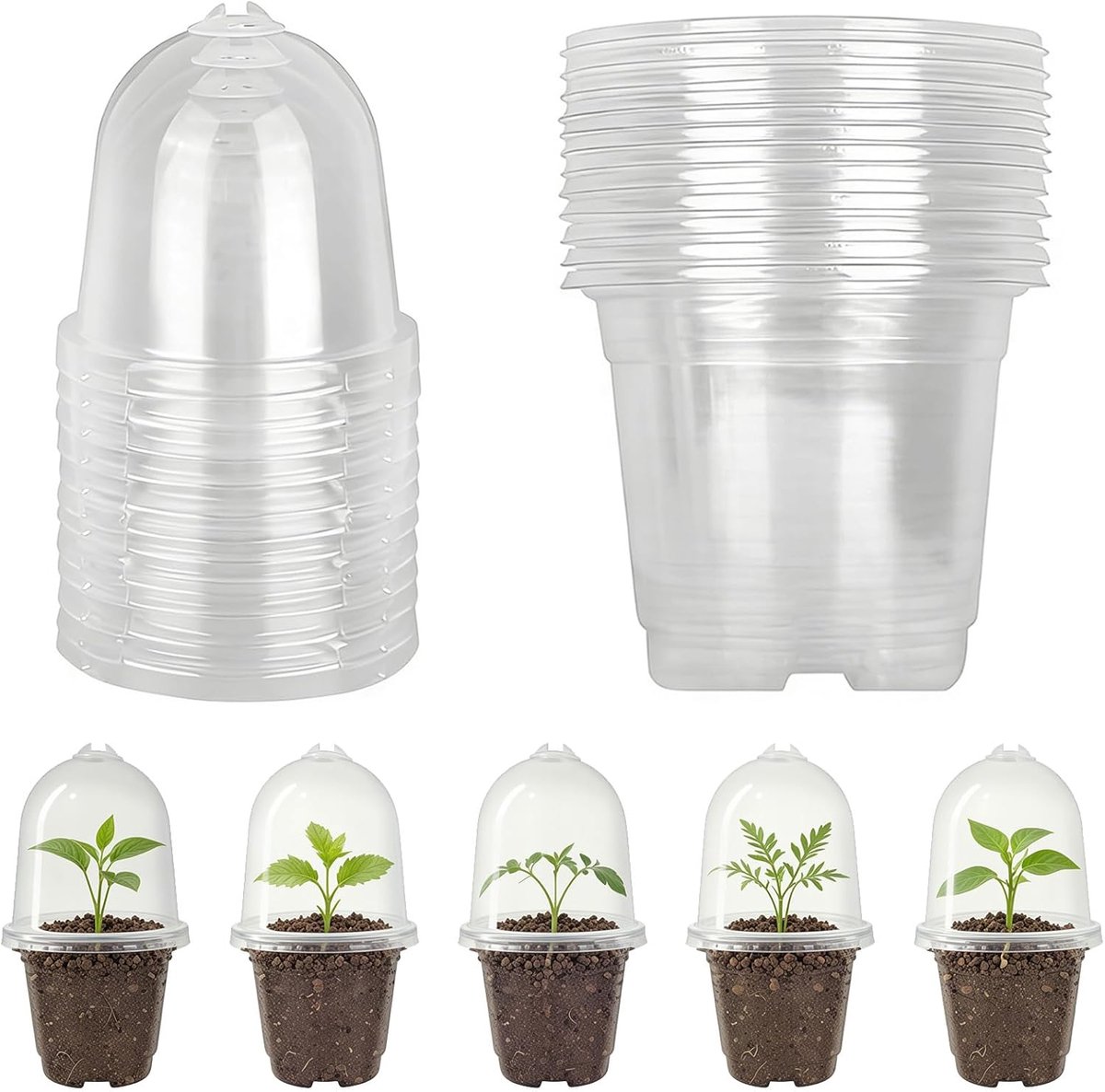 10 stuks transparante kweekpotten met vochtkoepel, 9 cm, kleine bloempotten van kunststof met afvoergaten en deksel voor vetplanten, orchideeën, zaailingen, ideaal voor verplanten