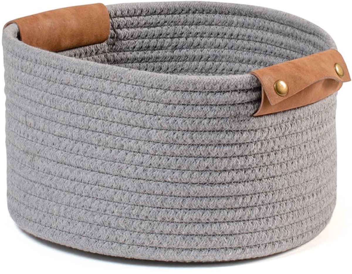 Mand van grijs katoen met handgrepen van kunstleer, rond, 26 x 15 cm