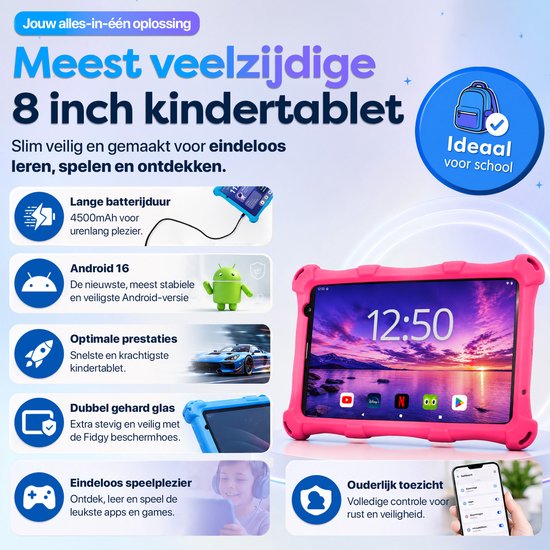 Tablette enfant AngelTech PRO MAX - Tablette enfant 8 pouces la plus rapide du marché - 4 Go de RAM - 64 + 64 Go de stockage - Perfect pour École - Contrôle parental - Aussi pour Adultes - Housse de protection Fidgy 360° - Rose ou Blauw