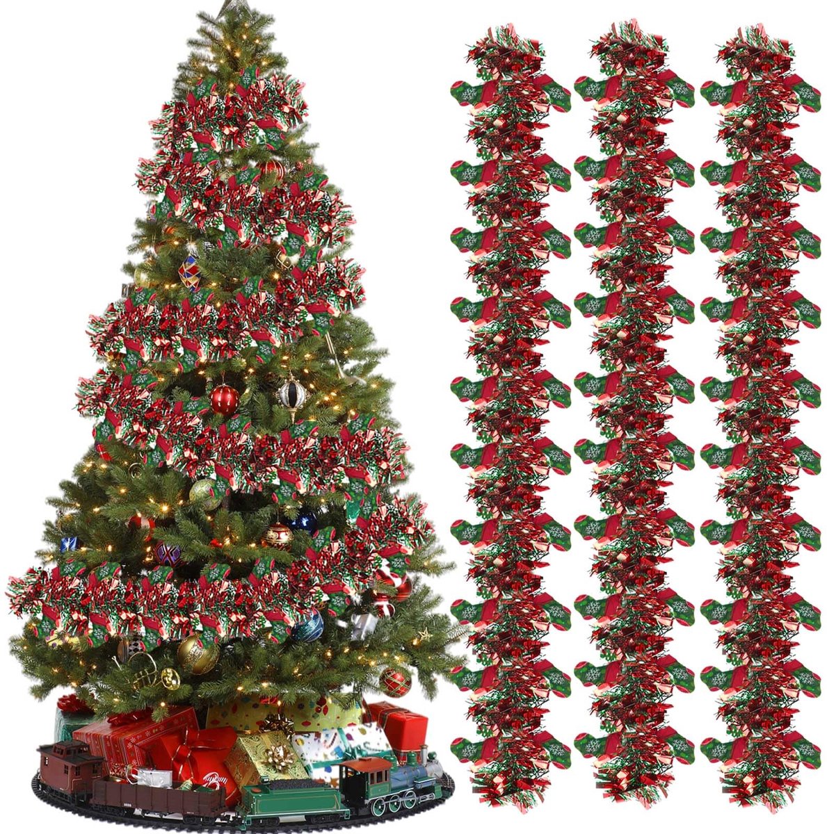 5 stuks kerstslingers, 10 m slingers, decoratie Kerstmis, kunstmatige dennenslinger, kerstdecoratie, lametta-slinger, kerstdecoratie, voor trap, open haard en feest (C)