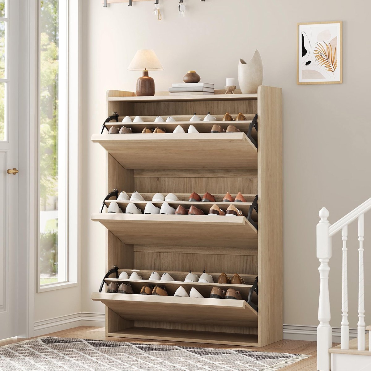 Hoge Schoenenkast 3 Kleppen Voor 18-24 Paar Schoenen - 80x26x117cm - Schoenenrek Smal - Schoenenmeubel Hout - Verstelbare Planken - Minimalistisch - Ruimtebesparend - Voor Hal Woonkamer - Houtkleur