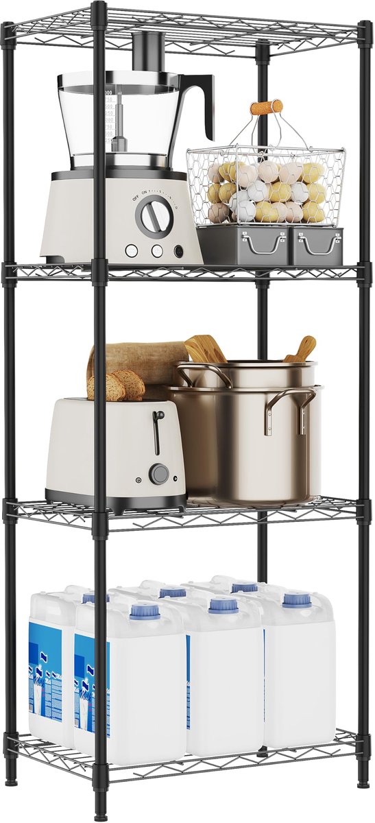 Opbergrek, 4-Laags Draadrek voor Keuken, Pantry, Wasruimte en Thuisopslag, Vrijstaand Opbergrek, 30×45×106,4 cm, Draagvermogen tot 180 kg, zwart