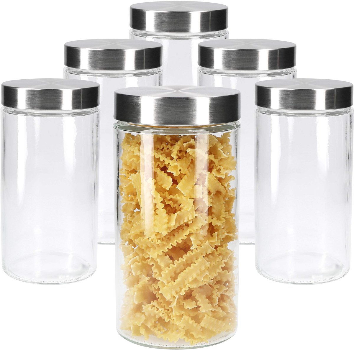 Set van 6 voorraadpotten Bera met roestvrijstalen deksel, zilver, diameter 11 cm, 1,7 l, vulbare glazen potten, ronde dozen, opbergcontainers