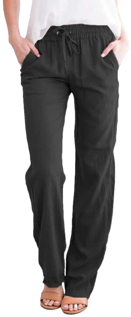 Katoenen linnen broek, zomerbroek met trekkoord en elastische taille met zakken, lichtgewicht, comfortabele, rechte broek
