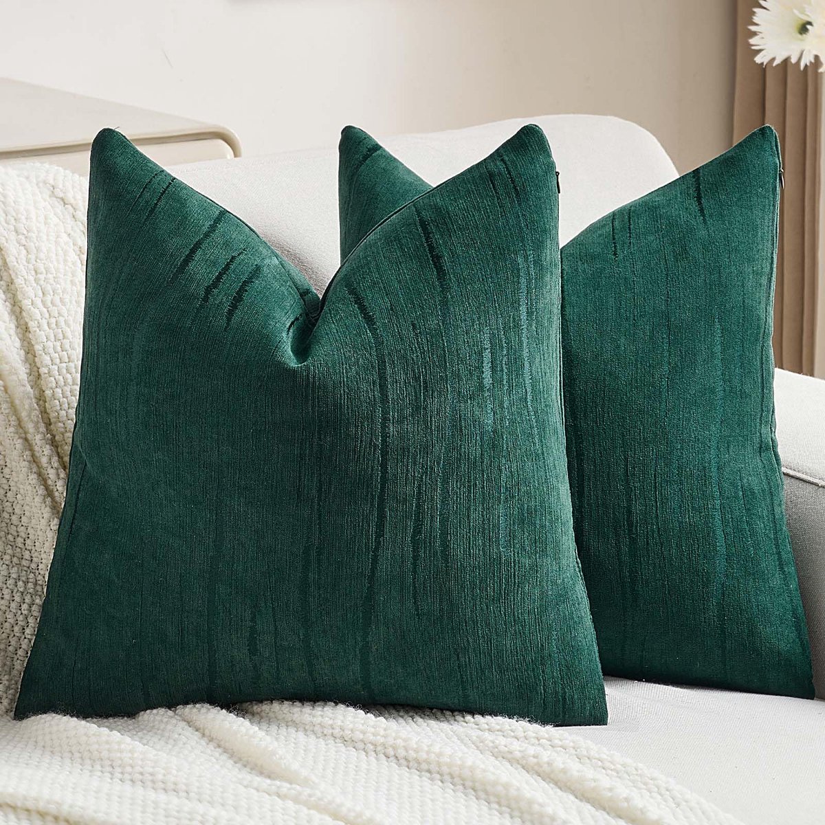Sofa Kussenhoezen 40x40, Set van 2 Chenille Sofa Kussens, Zachte Kussenhoes met Reliëf en Gestreepte Textuur, Luxe Decoratief Kussen voor Sofa, Bed en Woondecoratie, Donkergroen
