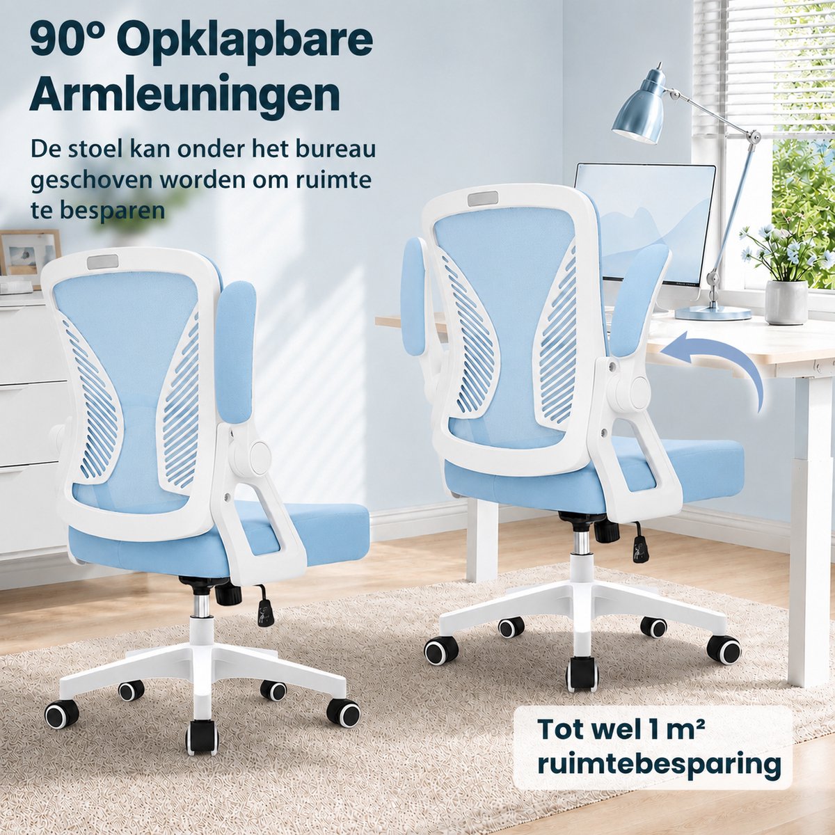 Milacyee Bureaustoel - Ergonomische Bureaustoel – Verstelbare Gaming/Computerstoel met Mesh Rug & Lendensteun – 90° Opklapbare Armleuningen – Directiestoel met Stille Wieltjes – Tot 130 kg Belasting - blauw - Geschikt voor thuiswerk en kantoor – foto 7