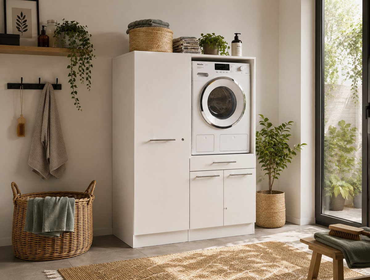 KitchenettesDirect® Laundry Wasmachine verhoger met lade en Linnenkast - Wasmachine ombouwkast - Wasmachine kast - Wit - Hoogte 162 cm - Wasmachine ombouw meubel