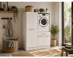KitchenettesDirect® Laundry Wasmachine verhoger met lade en Linnenkast - Wasmachine ombouwkast - Wasmachine kast - Wit - Hoogte 162 cm - Wasmachine ombouw meubel