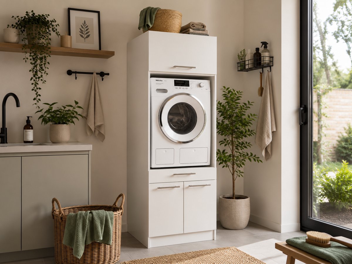 Wasmachine kast met verhoger en bovenkast - Wasmachine kast - Wasmachine ombouw meubel - Wit - Wasmachine ombouw kast - Hoogte 200 cm - Met bovenkast