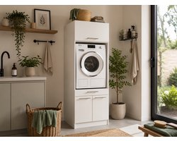 Wasmachine kast met verhoger en bovenkast - Wasmachine kast - Wasmachine ombouw meubel - Wit - Wasmachine ombouw kast - Hoogte 200 cm - Met bovenkast