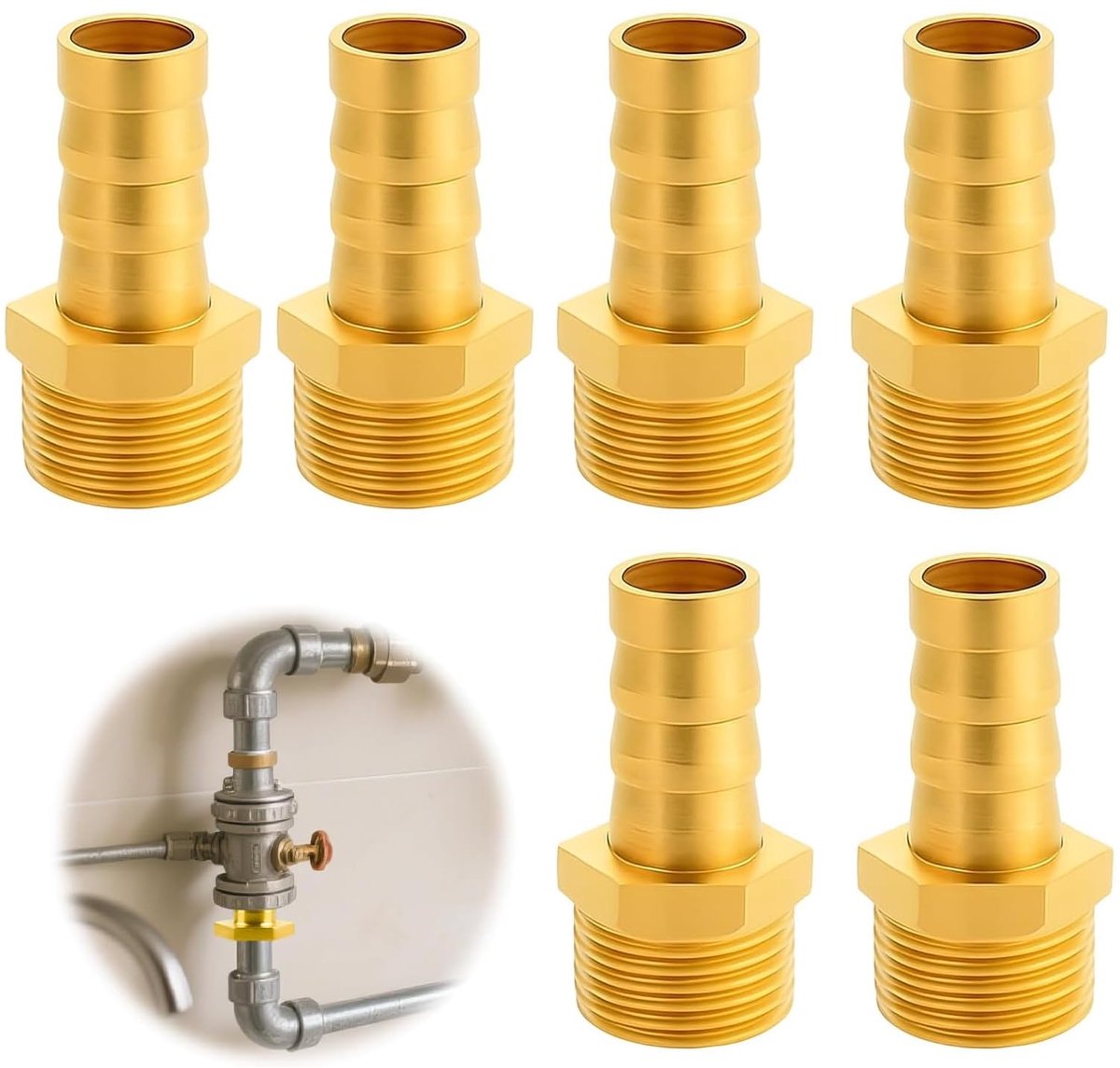 6 stuks messing slangtuit G1/2 inch (20 mm), 1/2 inch slangaansluiting, 12 mm weerhaaktuit, messing tuit als slangaansluiting voor water, lucht en olie, duurzame buisverbinding