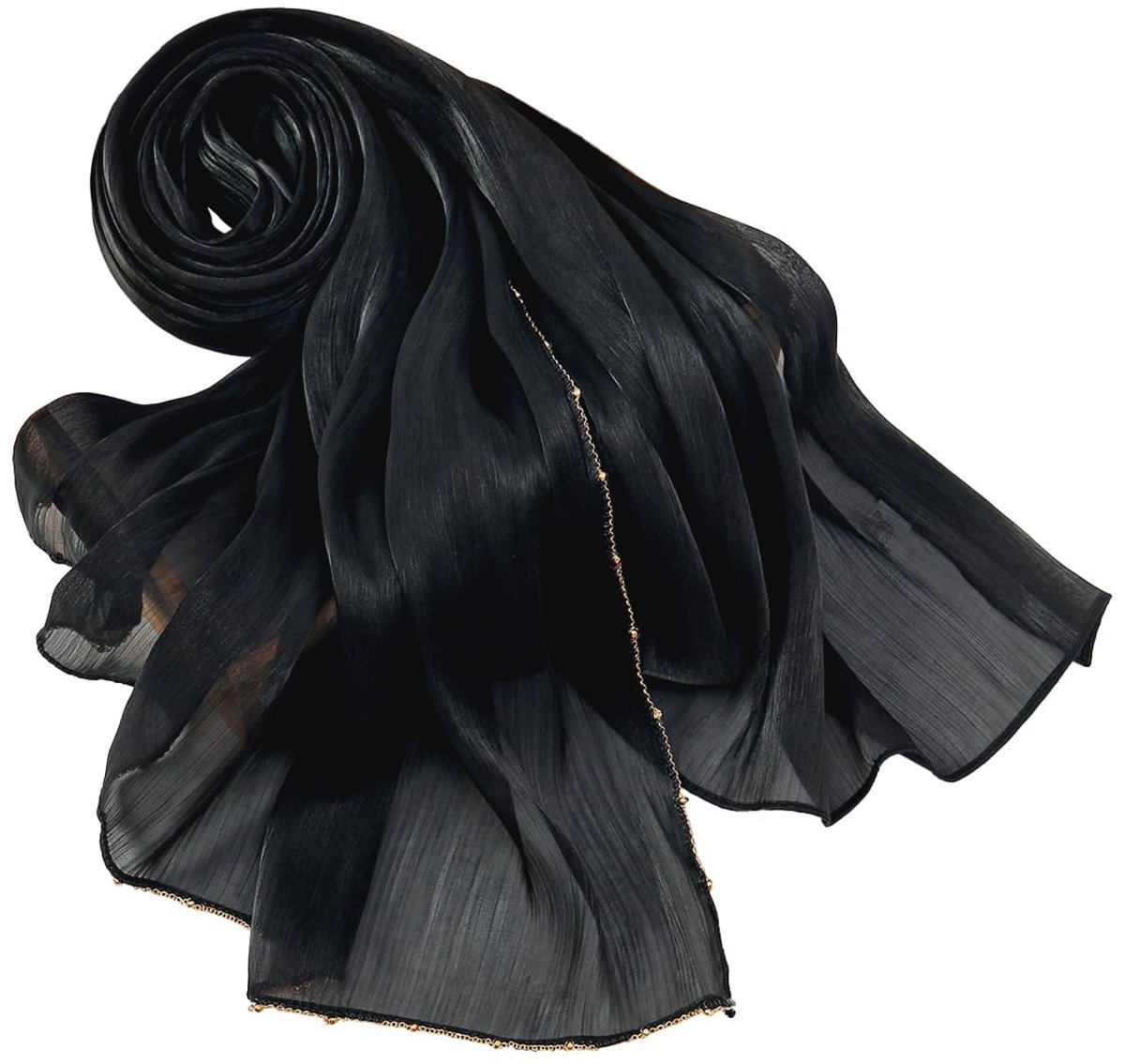 sjaal, parelmoerwitte chiffonsjaal voor dames, 180 x 75 cm, gouden ketting, dunne zijdeachtige omslagdoek voor bruiloft, vakantie, strand