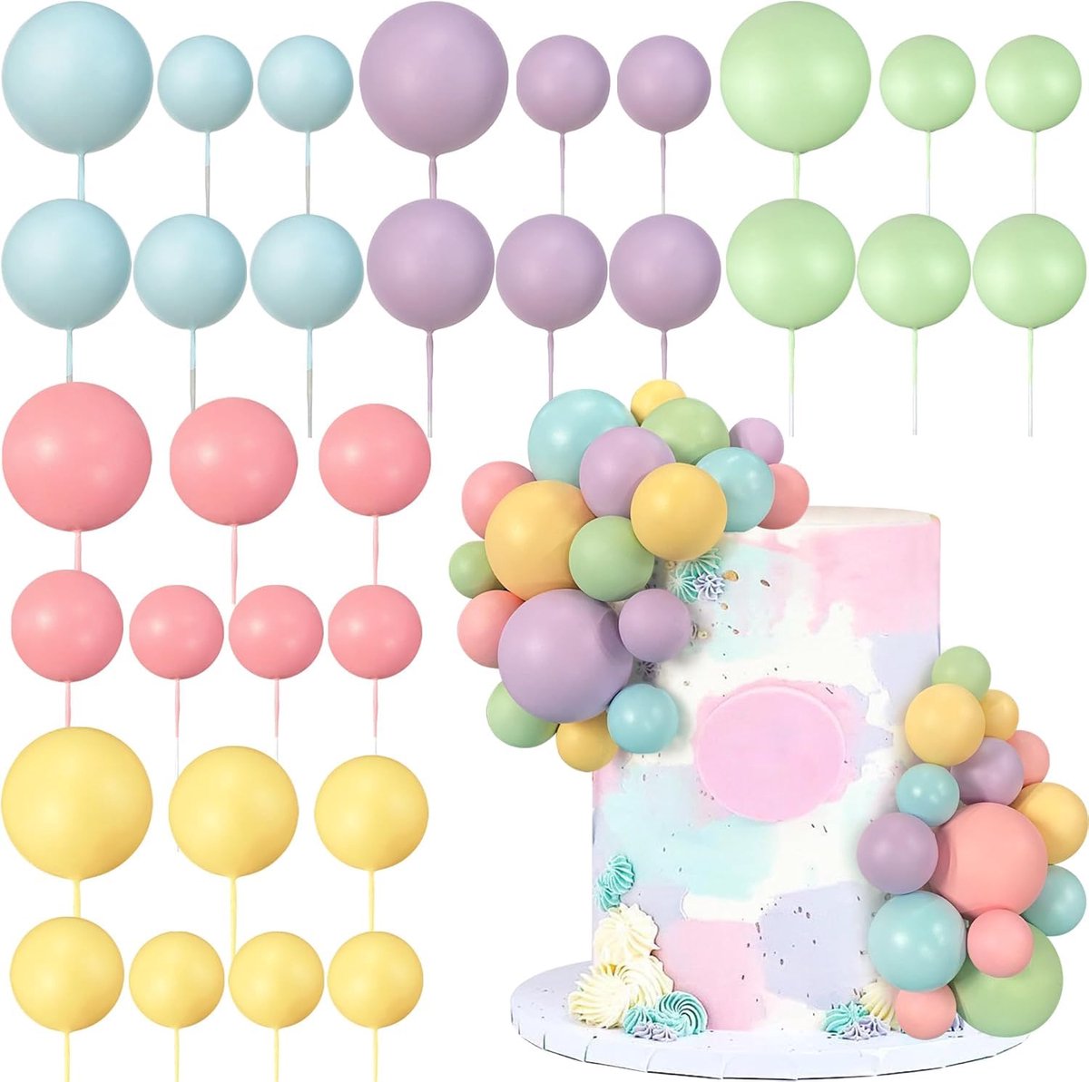 Taartdecoratieballen, 32 stuks, Happy Birthday, bruiloften, 15 cm x 3 cm, Kunststof, Kleur A