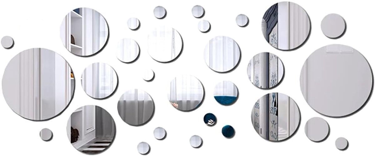 30 Stuks Ronde Spiegel van Acryl, Decoratieve Spiegel, DIY Decoratieve Spiegel van Acryl, Decoratieve Spiegel Tegel, Wandspiegel, TV-Achtergrond, Voor op Muur en Tegels(Zilver)