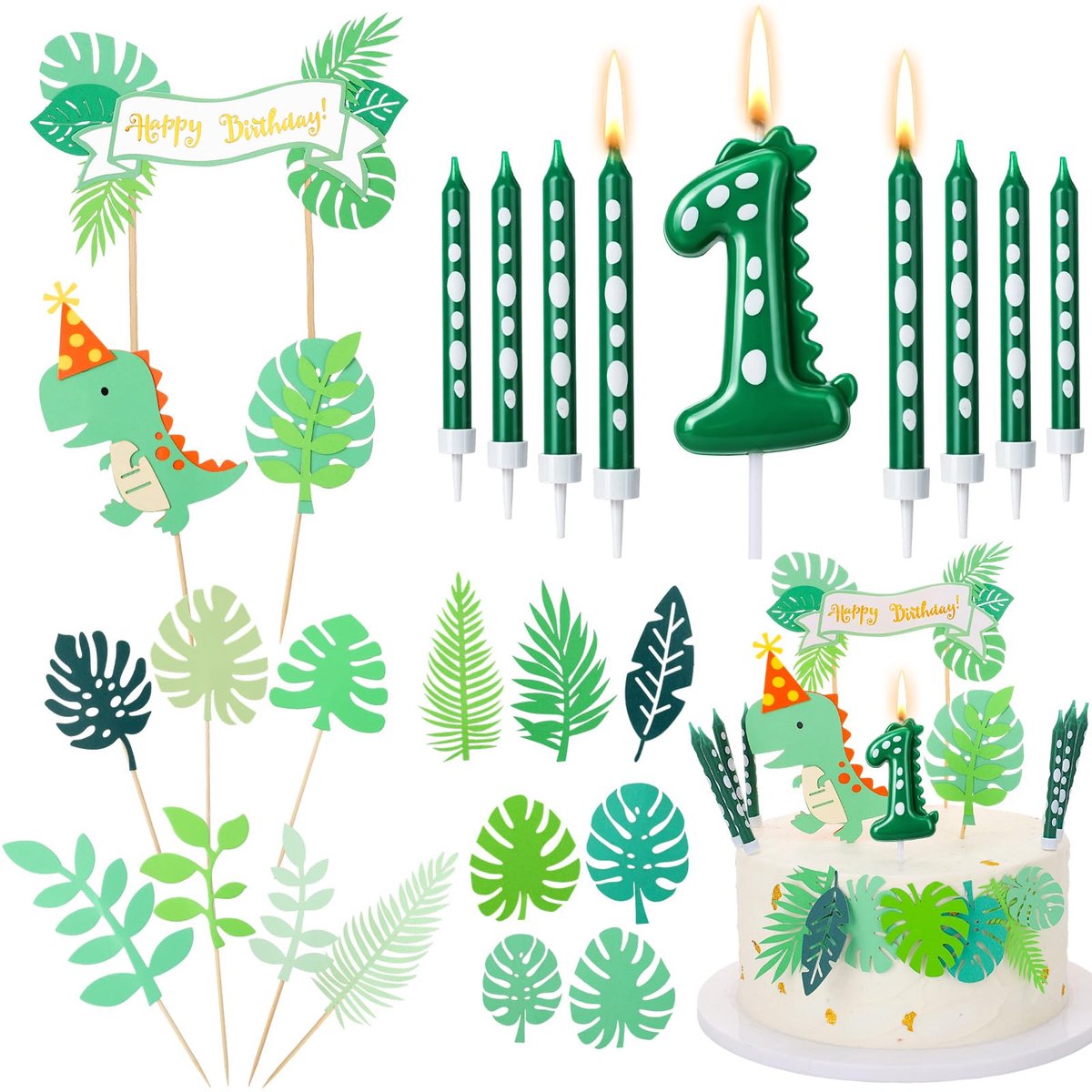cijferkaars, 1 jaar, met 8 groene kaarsen, slinger, bladeren en toppers, taart voor decoratie, verjaardag, themafeest, dino