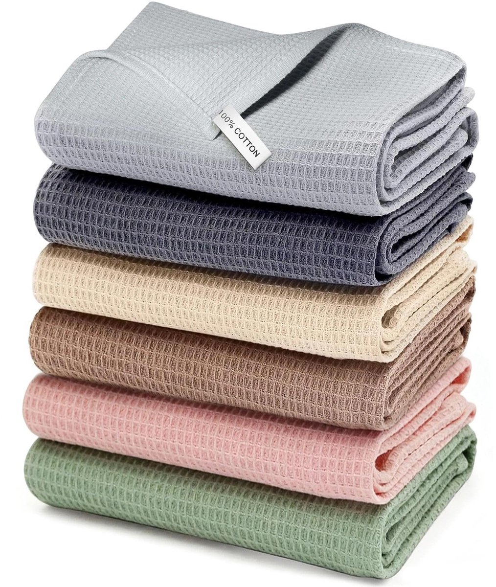 Theedoeken 100% katoen, 6 stuks theedoeken 35 x 35 cm wafelstructuur keukenhanddoeken zachte keukenhanddoeken absorberende wafeldoeken premium theedoek reinigingsdoeken handdoeken drogen - 6 kleuren