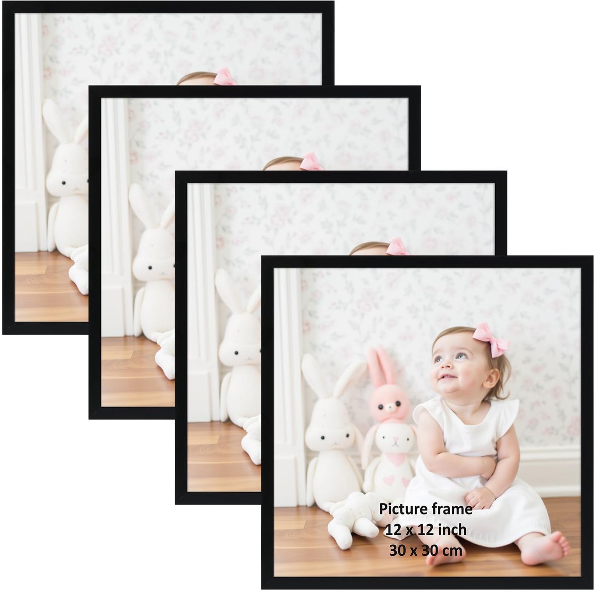 SnelShoppen - Set van 4 Zwarte Fotolijsten 30x30 cm met Passe-Partout voor 20x20 cm Foto's - Houten Lijsten voor Thuis, Feest en Decoratie
