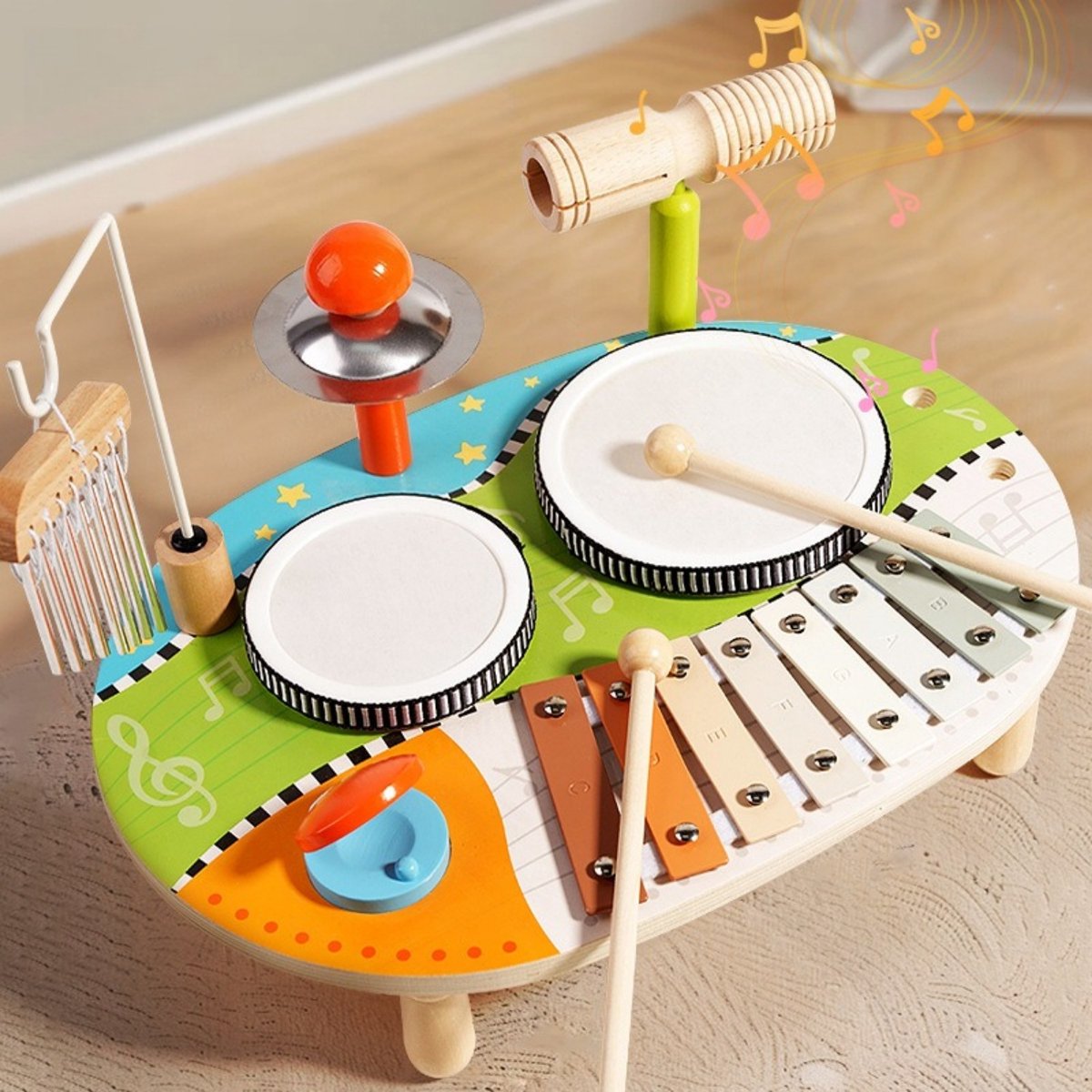 6-in-1 educatief percussiespeelgoed voor kinderen — houten drumstel, xylofoon, windgong, muziekset voor peuters, zintuiglijk speelgoed — Montessori-muziekinstrumenten — geschikt als cadeau voor kinderen vanaf 1 jaar