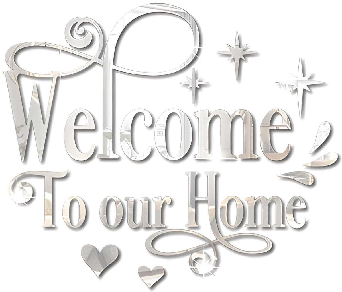 Welkom bij onze Home Wall Decor Sticker, Home Acryl 3D Spiegel Muursticker, Verwijderbare Art Letter Sign, Wanddeur Quote Decoratie DIY voor Woonkamer Slaapkamer Sofa TV Achtergrond (Zilver)