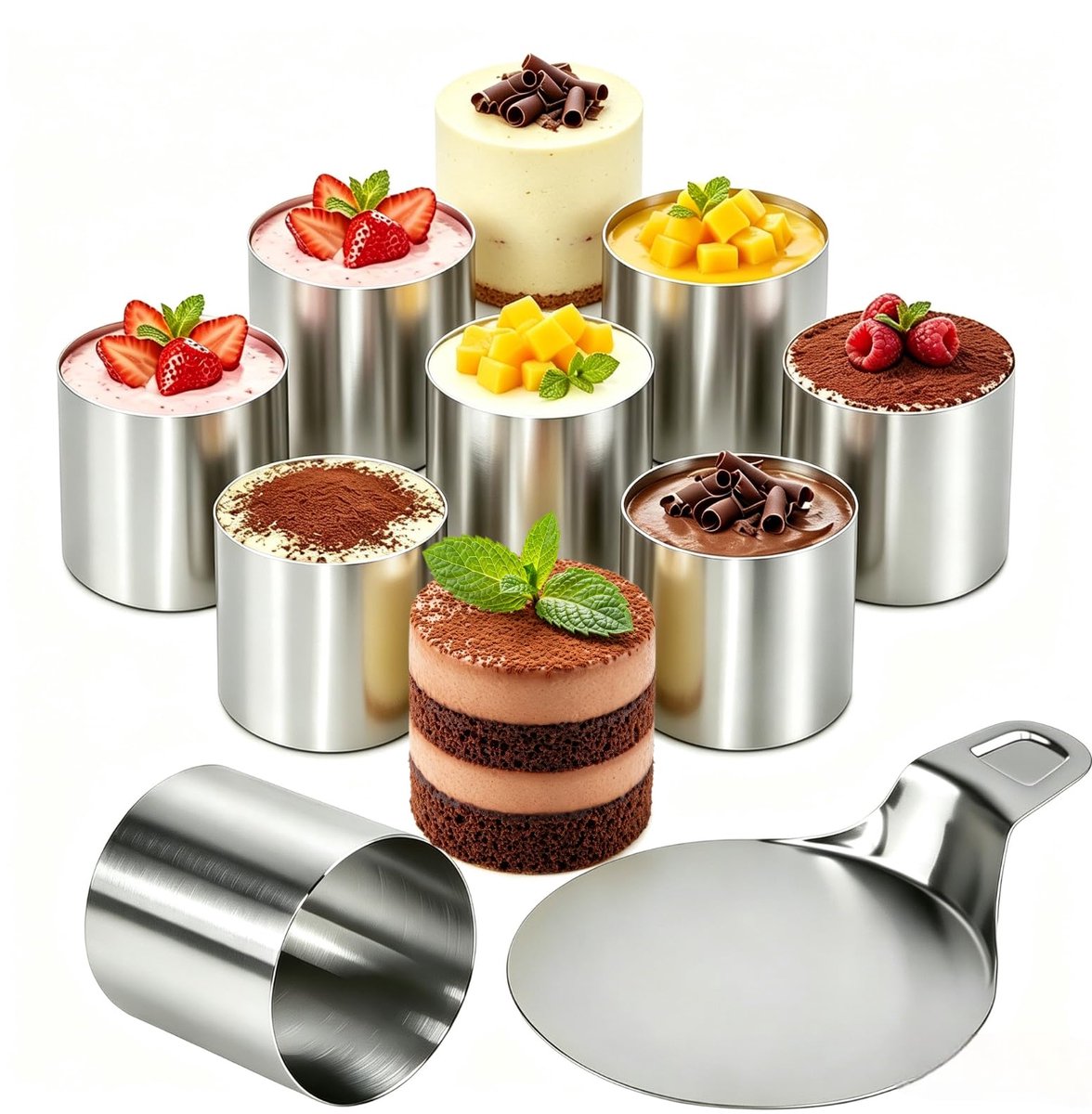 8 stuks dessertringen roestvrij staal Ø 5 cm met 12 cm basis ronde taartring taartschep mousse ringen set bakringen ronde taartring vorm dinerringen set voor mousse, cake, tiramisu fondant
