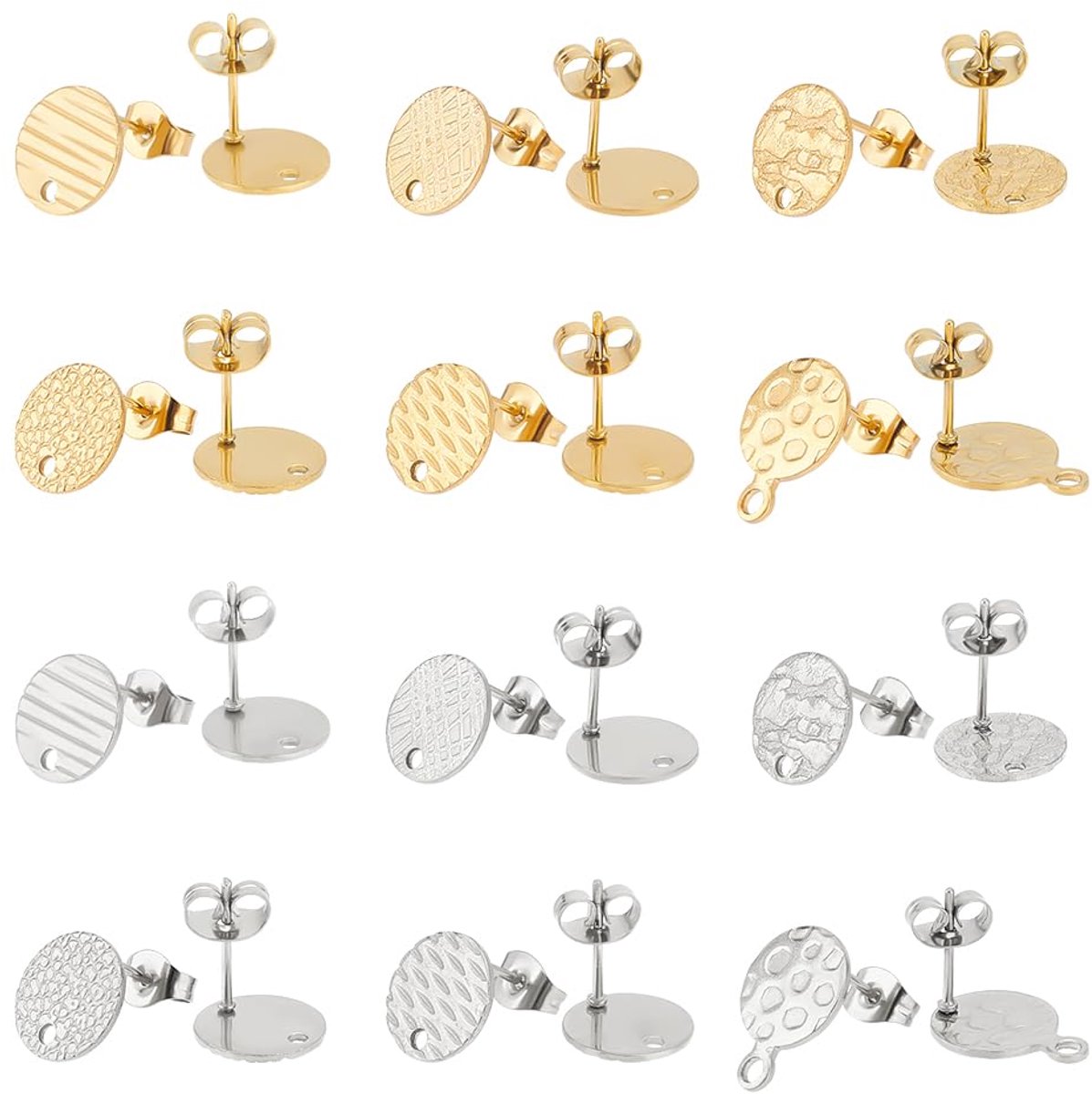 24 stuks 2 kleuren 6 stijlen 304 roestvrij stalen oorstekers 10 mm gestructureerd plat rond metaal DIY oorbellen accessoires dames zelf maken set voor het maken van sieraden