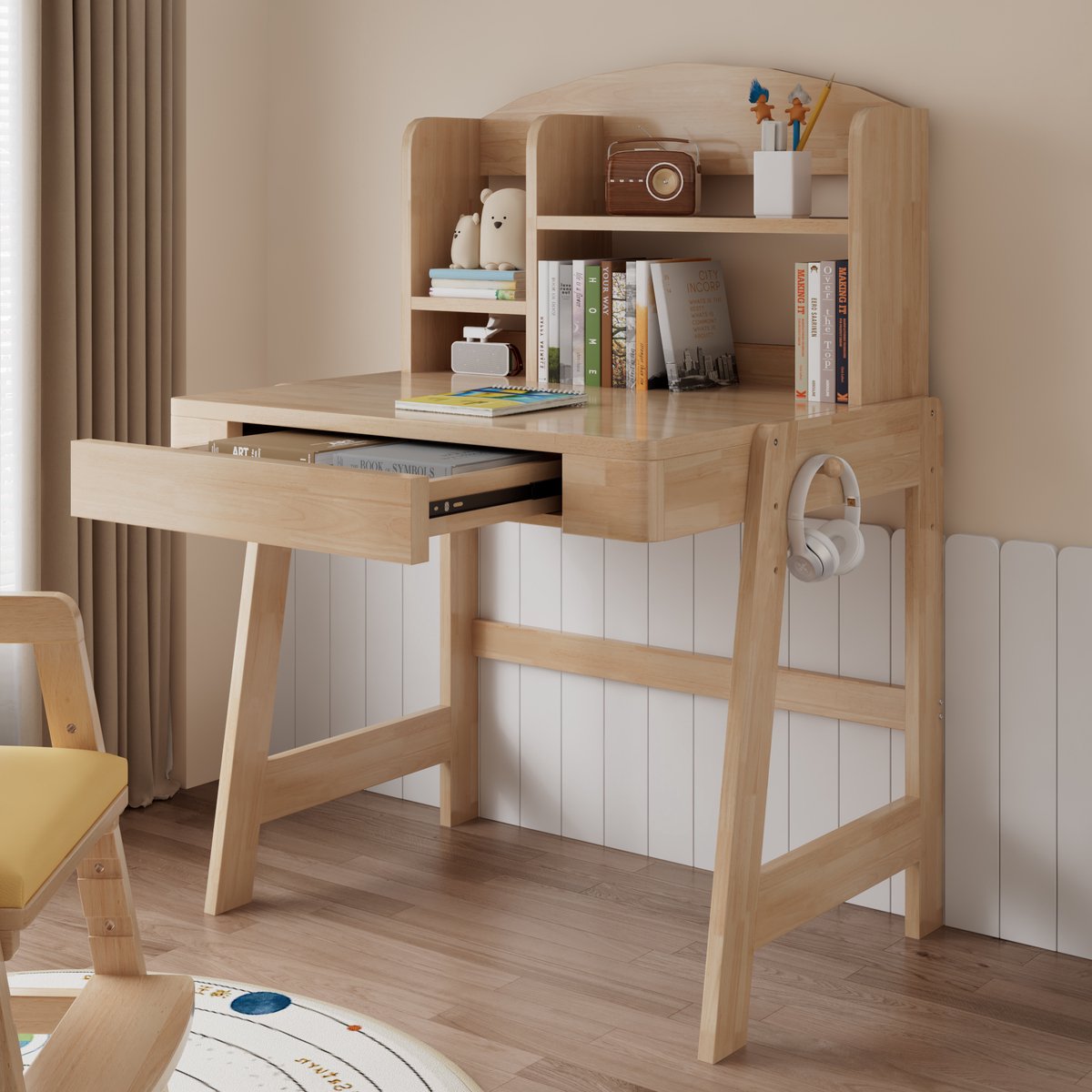 Kindertafel - Hoogteverstelbaar - Massief hout - Met lade & opbergruimte - Haak - Vanaf 6 jaar - Natuur