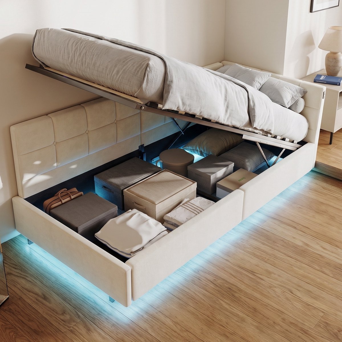 Gestoffeerd Opbergbed 90x200 cm - Eenpersoonsbed met RGB verlichting en USB - Fluwelen bed met opbergruimte - Modern - Crèmewit