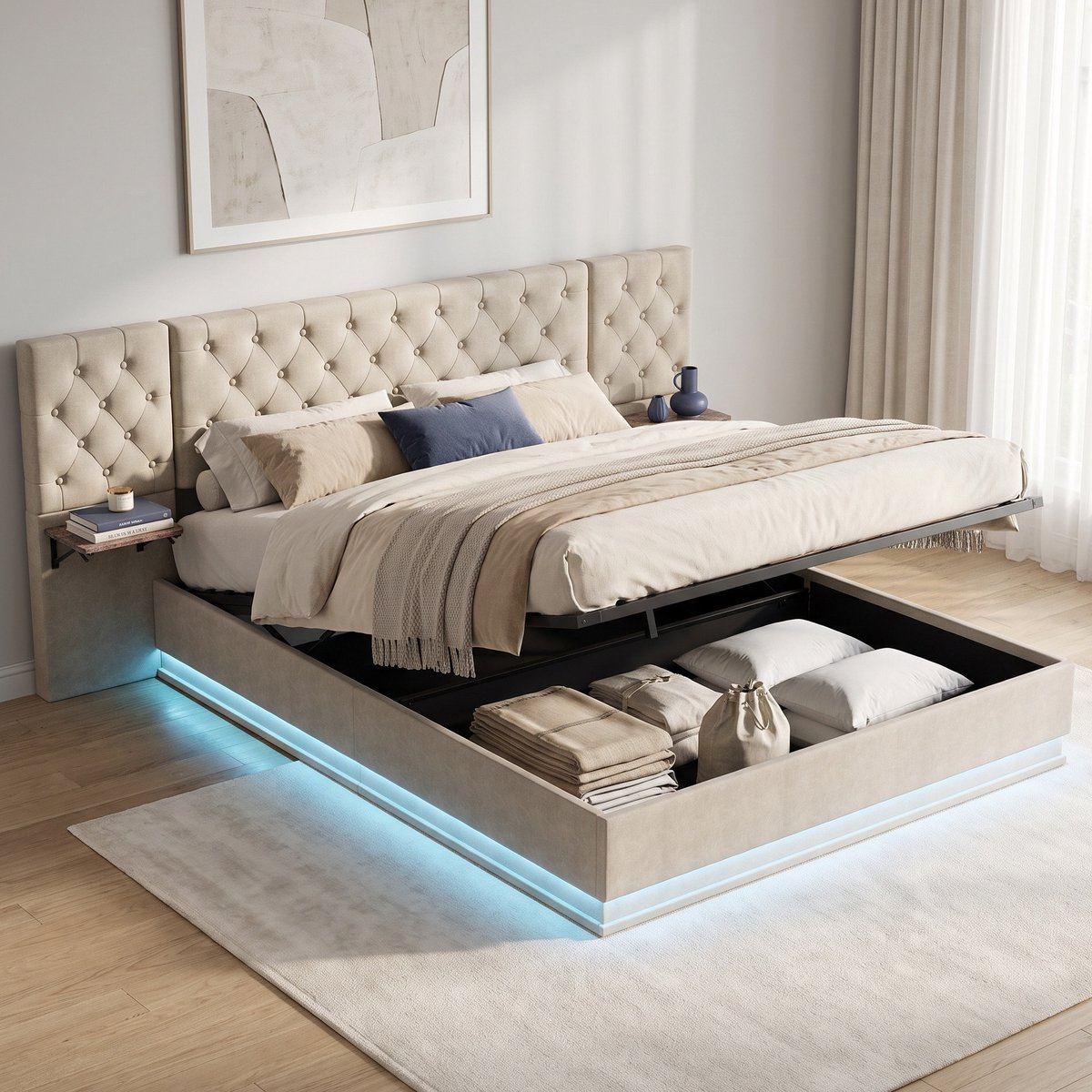 Gestoffeerd Opbergbed 140x200 cm - Tweepersoonsbed met RGB LED - verlengd hoofdbord en lattenbodem - Linnen - Beige