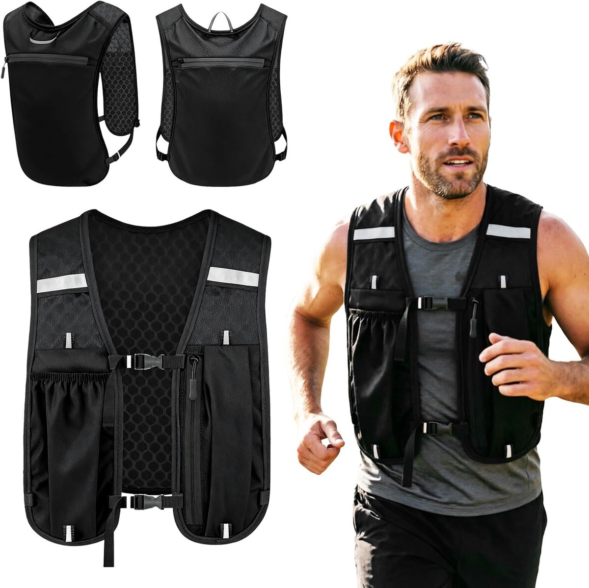 Loopvest voor dames & heren, ultralicht & ademend hardloopvest, verstelbare drinkrugzak met 500ml softflesvak en telefoonzak, voor hardlopen, fietsen, wandelen, marathon