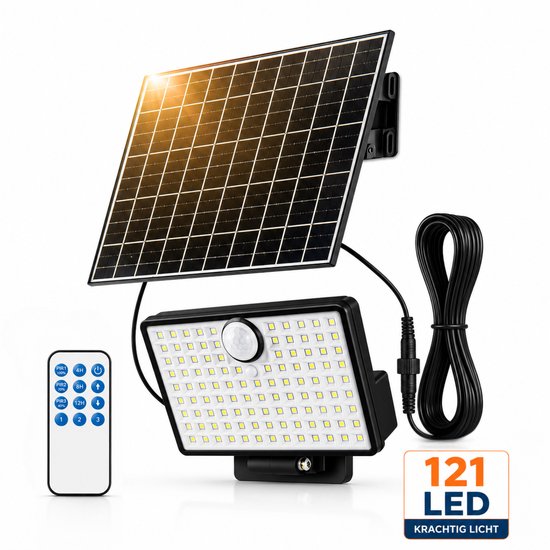 Lampe extérieure noire avec 121 LED, panneau solaire séparé avec câble de 5m et télécommande.