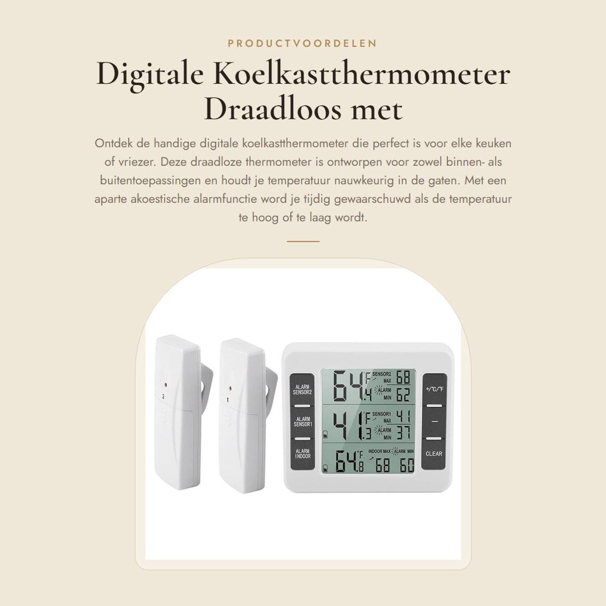 Dailygoods - Digitale Koelkastthermometer - Draadloos met Alarm - Geschikt voor Binnen en Buiten - LCD Display - Temperatuurregeling - Met 2 Sensores