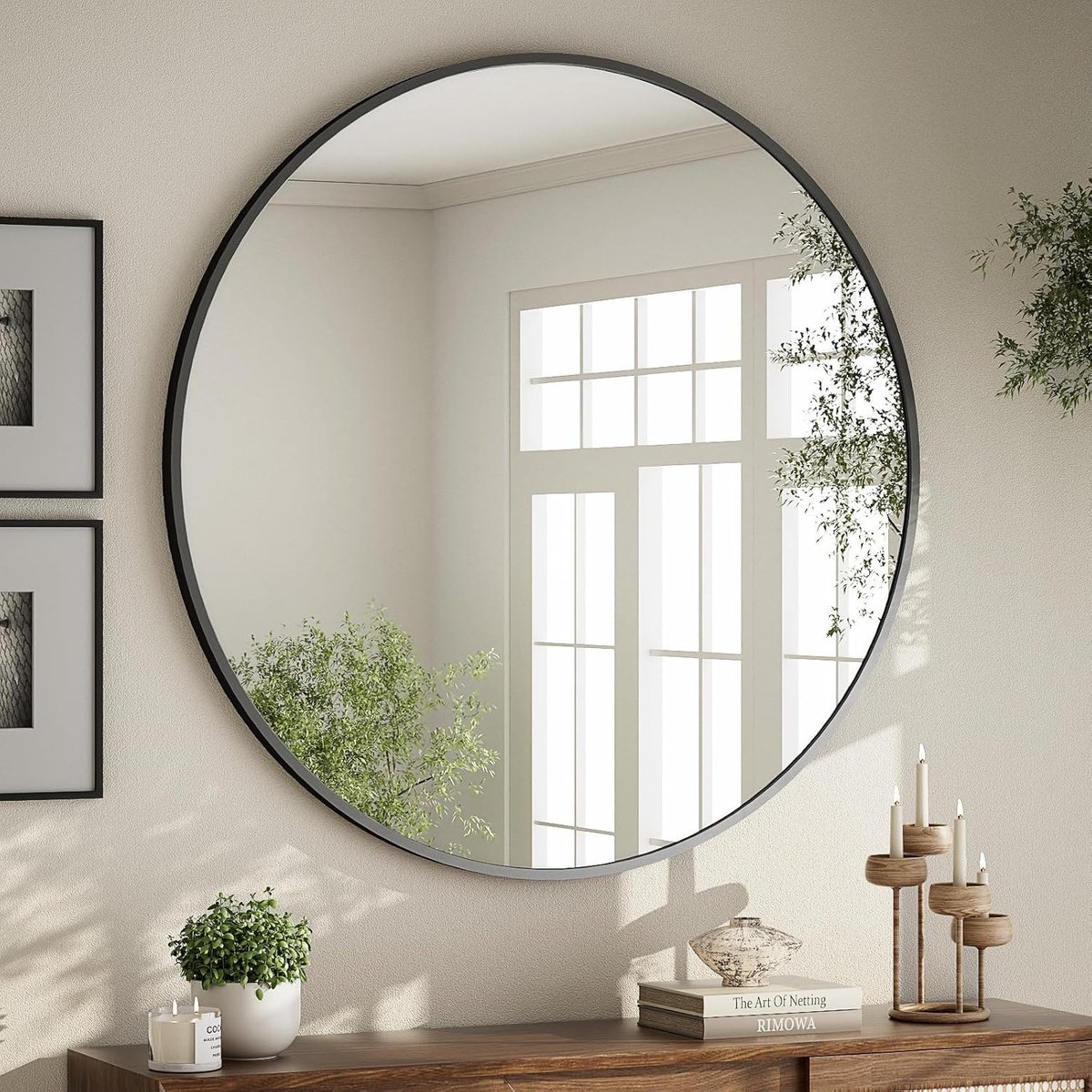 Ronde spiegel van 60 cm in zwart, ronde decoratieve wandspiegel met aluminium frame, onbreekbare badkamerspiegel om op te hangen en te leunen, wandspiegel voor slaapkamer, badkamer