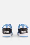 Achterkant van witte kindersneakers met lichtblauwe, zwarte details en Puma-logo.